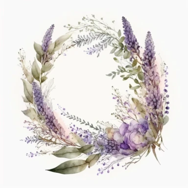 Watercolor soft purple lavender wreath with leaves, clipart, multiple flowers in a bouquet, different composition, ultrarealistic, high details, isolated on white background