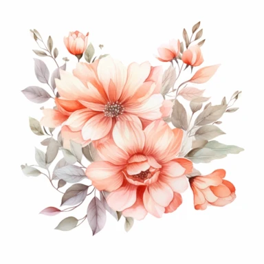 watercolor Blooming Blush floral line for decoration, style of Pierre-joseph redoute, png, clipart, hd, contour white outline, isolated on white background