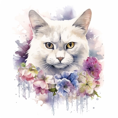 Burmilla Cat with flowers, watercolor, sharp illustration clipart, insane detail, white background