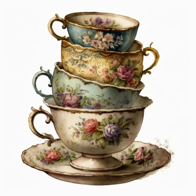 vintage old school tea cups stacked onto each other, watercolour clipart, olden days