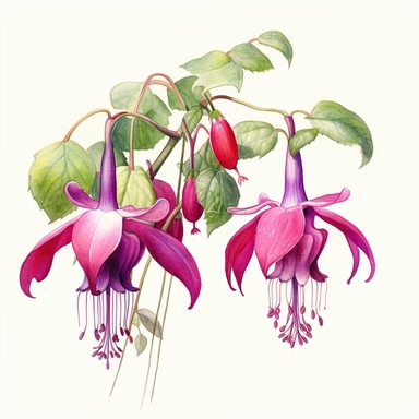 a watercolour painting of a fuchsia flower, in the style of uhd image, dansaekhwa, traditional, flourishing botanicals, exotic, white background, colorful, antique clipart, vibrant intense colors, photorealistic botanical satin drawing in the style of Pierre-Joseph Redoute