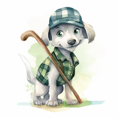An anthropomorphic puppy wearing a green plaid vest and a gray farmer's cap clipart,happy expression, hold a toy shovel, standing dynamic pose, front side view, in the style of watercolor cartoon clipart, beatrix potter style, pixar style, high resolution, composition free space, pastel color scheme, soft and tender, watercolour clipart, watercolor illlustration for kids and children,isolated white background, clipart most popular on etsy, book illustration, featured on dribble,print on demand i