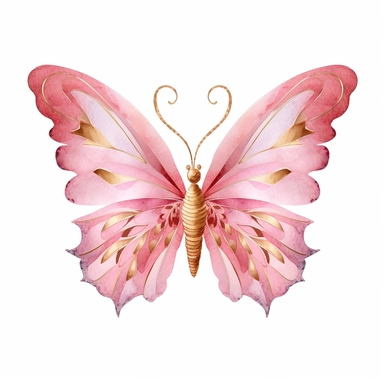 Whimsical and cute watercolor butterfly design in pink and gold, vector clipart