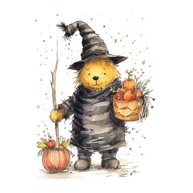 E.H. Shepard's Winnie the Pooh in a Halloween theme wearing a wizard hat and carrying a wand, like he's dressed up as a magical character He also has a little pumpkin bucket to collect candy in. wearing a black and orange one shirt with a spider. some spooky decorations bunting cobwebs and ghosts hanging around him, white background, Clipart watercolour