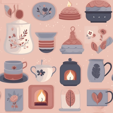 An image filled with loving, homely items that symbolize motherhood, such as a steaming coffee mug, a calming candle, a comfy pillow, and a heart-shaped pendant, all crafted in a paper-cut style. Each item interlinks seamlessly, set against a soft, pastel-toned backdrop, creating an enchanting pattern that encapsulates the warmth and care associated with a mother's love. in Clipart style