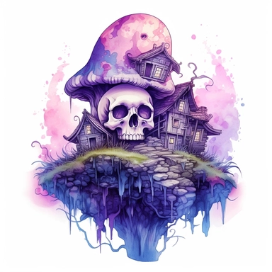 centralized clipart of a evil skull mushroom fae houses in the style of enchanting watercolors, emotive storytelling, multilayered dimensions, deathcore, illusionistic images purple tinted white background