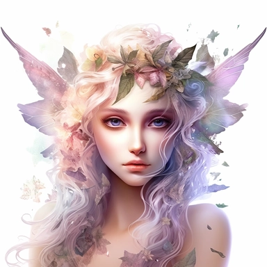 Enigmatic Fairy with an enigmatic aura, highly detailed face, and a mysterious expression, Use dreamlike lighting with soft sunlight falling on the subject’s face and deep colorful hair, to create an ultra-realistic image that captures the subject’s natural beauty and personality, clipart on white background