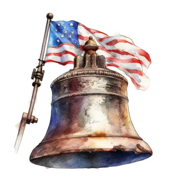 Original Liberty Bell of Philadelphia with american flag, Vectorial, highly detailed, watercolor, clipart, illustration, white background, digital painting, paper crafting, no signature, no text