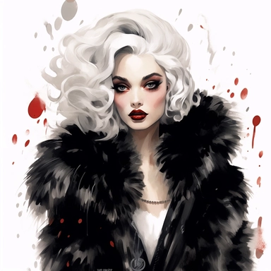 watercolor Disney Cruella de Vil (101 Dalmatians): A glamorous but evil fashion-obsessed woman with black and white hair and a fur coat, clipart, white background, by Natalie Shau, by Kawacy