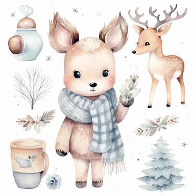 Watercolor collection clipart winter elements snowflakes, kawaii reindeer, ice skating, scarf, neutral colors, no background