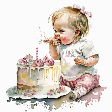 a first birthday cake with watercolor effect,a little happy girl eating the cake,suitable for digital clipart,white background