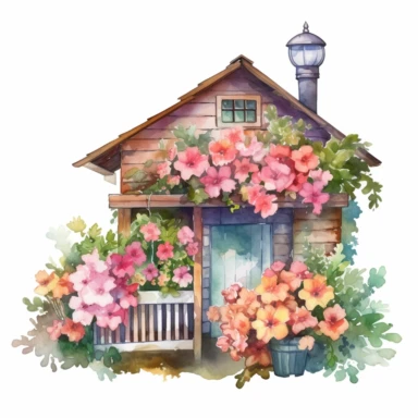 Flower Hut watercolor clipart, white background, hyper realistic