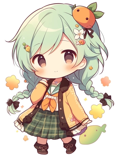 cute anime chibi girl, summer style, green hair, upbeat attitude, clipart, no background