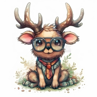 kawaii adorable fantasy elk wearing cute glasses, nursery art, clipart image, line art image, white background, inspired by yoshitaka amano art, very detailed, 8k