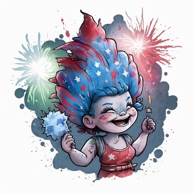 a sticker, a watercolor painting, red, white, and blue colorsplash, clip art, a cute troll with a big smile dressed as Lady Liberty with a background of colorful fireworks.