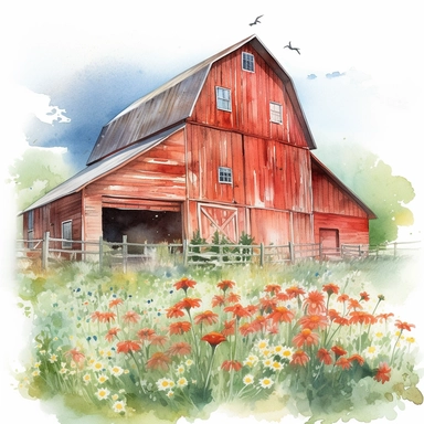 Visualize a clipart-style watercolor illustration of a close up of detailed large red barn surrounded by wildflowers on a summer day, set against a clean white background. Use bright, pastel colors to bring out the wood grain's rich texture, ensuring the colors pop against the stark white backdrop. The composition should create depth and guide the viewer's eye towards the barn's unique character, emphasized by the leading lines of the barn's structure. The composition should place the barn centr