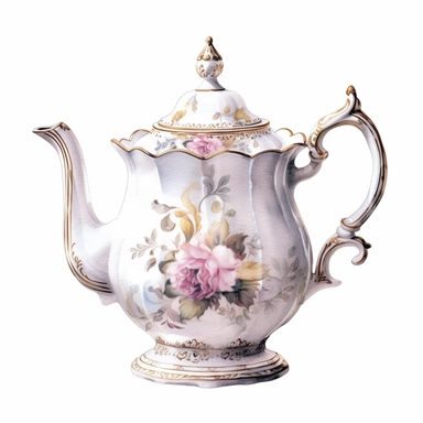 classic english tea pot watercolor clipart, white background, neutral muted colors, light pinks and neutrals, high quality, hyperrealistic, detailed, royal, english