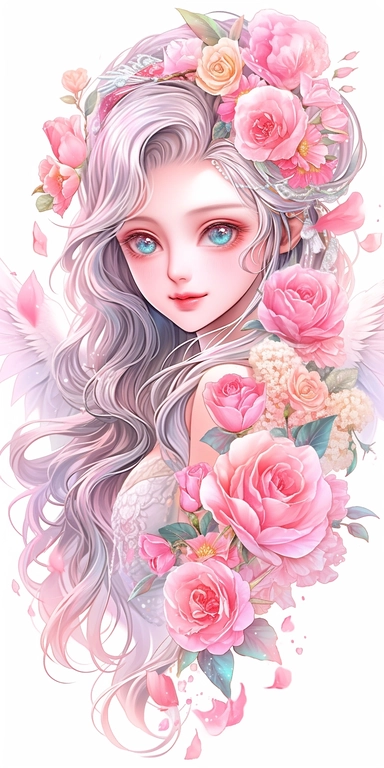Watercolor beautiful wild roses fantasy forest fairy girl with beautiful face and big eyes with flowers, with angel wing, chibi kawaii animated style, vivid vibrant colors, intricate detail, hyper detailed, hyper quality, 32K, unreal engine, isolated on white background, kawaii, clipart