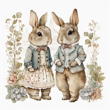 cute bunny rabbit couple wearing clothes from baroque era, standing and holding hands, Sublimation graphics, by Beatrix Potter, Watercolor clipart, single design, print on demand image, PNG transparent background, white background