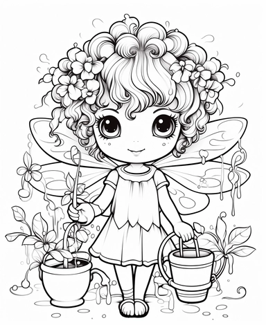 black Garden Fairy, with curly hair, with wings, with a tiny watering can and magical plants, Kawaii for a childrens book, cartoon style, thick lines, black and white, no shading, line drawing illustration, no kid faces, no duplicate faces, blurry, drawing, cartoon, illustration, painting, concept art, cgi, unreal, anime, black&white, b&w, picture frame, deformed, bad anatomy, disfigured, poorly drawn face, mutation, mutated, extra limb, poorly drawn hands, done by bad-artist, ugly, dazed, 3D re