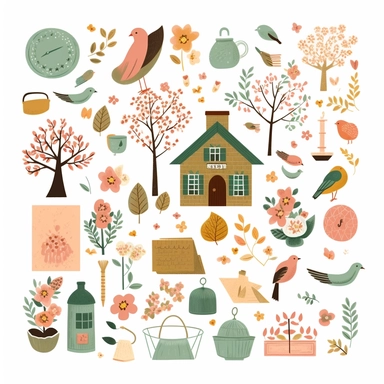 spring clipart pictures, illustrations, stamps, elements, in the style of muted colours, dotted, found objects, pigeoncore, cottagecore, animated gifs, paper cut-outs white space around objects, objects separated in the style of clip art