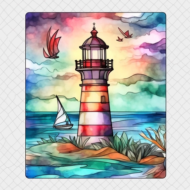 watercolor Stained Glass Lighthouse Square Coaster Coaster Designs vividly bold designs png Full body realistic cartoon in 32K UHD cute. 15 cm thick outline. There was no shadow on the ground. 8k with realistic watercolors. and detailed illustrations. PNG clipart, transparent white background