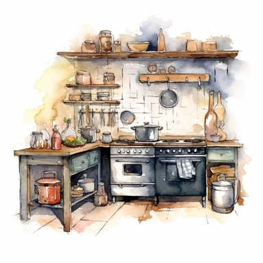 watercolour old kitchen, clipart on white background, no watermark, highly detailed, professional color gradation, clean sharpness
