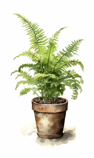potted fern, clipart, watercolour style,