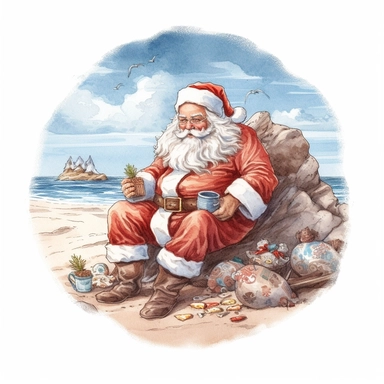 Watercolour of a santa on the beach , Clipart,Cartoon,hyper realistic, intricate detail isolated on a white background, high quality, sublimation, detailed, cartoon style