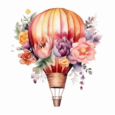 Watercolor Floral Hot Air Balloon Clipart, on a white background