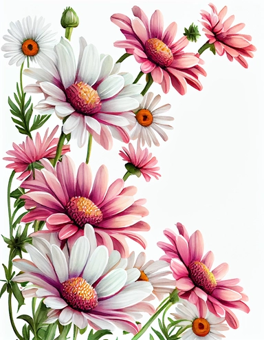 detailed watercolor white daisy flower corner border, crowded, isolated on white background, all pink color, realistic, clipart