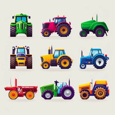 colourful vibrant agricultural vehicles, each front profile view, detailed vector clean illustration, clipart, svg, white background