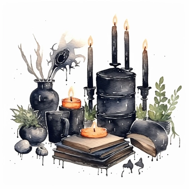 clipart of watercolor of Dark Academia decor, black candles, books, dead floral, mystery , witchcraft, sculpture, dark, moody with white background, clean line art, highly detailed
