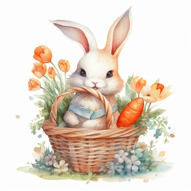 clipart, cute baby bunny in a basket full of carrots and flowers, watercolor, vector, isolated white background, 16k