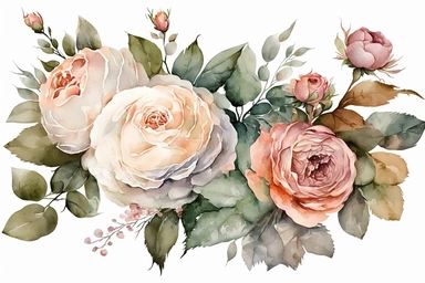 watercolor blush roses bouquet, isolated, white background, clipart