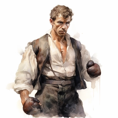 A beautifully illustrated victorian pulp fiction male fighter in varying hues ,wearing boxing gloves and muscular, muscles, Pre-Raphaelitism, octane render, hyperrealistic, stunningly handsome, refined and sophisticated, Hand drawn, invoke the artsyle of roberto ferri and brian foud ,realistic watercolor, Clipart, watercolor, white background, intricate detail