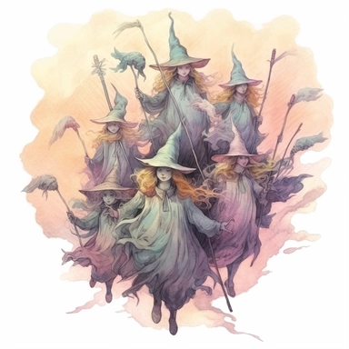 Pastel spooky witches flying broomstick clipart image, in the style of mystic mechanisms, subtle pastel tones, pencil art illustrations, soft pastel tones, reimagined by industrial light and magic, litho printing, illusory images, watercolor clipart