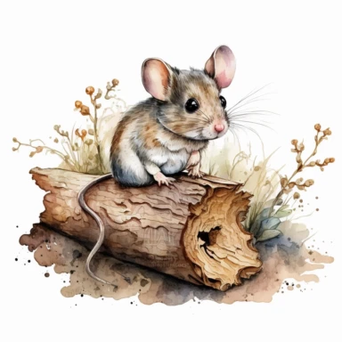 watercolor mouse on a log, clipart, white background