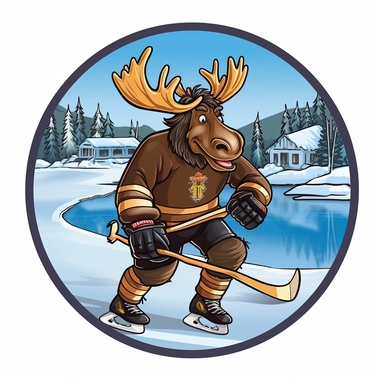 Showcasing a cartoon Moose playing hockey on a frozen lake. The design should capture the Moose's comical nature and incorporate a popular Canadian sport. The artwork can be lively and humorous, with the Moose wearing a hockey jersey and holding a hockey stick.r, that can be used as a sticker, colorful, highly detailed, white background, style of pixar clipart, white background,--no cut off edges