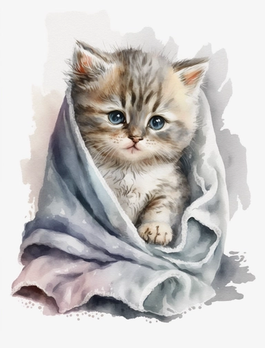 baby cat in a blanket, watercolor clipart, transparent background