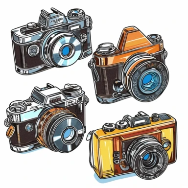 clipart collection of a set of four digital camera ,highly detailed, crisp sharp lines , istock, clip-art, ,, 2070s, steel, , how-to, , harmony of, marker”, , 4, instrument, ultimate, 5, movies, three - dimensional , high quality vector svg white background , organised in rows spaces gap orderly