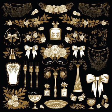 Create a set of 30 elegant golden and white wedding-themed icons on a deep black background, perfect for digital clipart products and invitations. Include icons such as: Wedding Dress, Tuxedo, Wedding Rings, Bridal Veil, Floral Arrangements, Wedding Cake, Wedding Favors, Wedding Arch, Seating Chart, Wedding Program, Unity Candles, Champagne Glasses, Photo Booth, Props, Wedding Signage, Place Cards, Table Numbers, Bridal Bouquet, Groom's Boutonniere, Wedding Invitation, Suite Flower, Girl Basket,