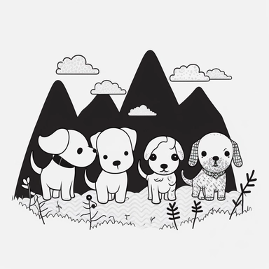 group of dogs hiking together in the mountains. cute, clipart, flat 2d vector, minimalist, black and white, kids cartoon, svg cut file, line art drawing