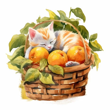 Watercolor white colored minuet kitten peacfully sleeping in a laundry basket clipart, minuet breed kitten, short legs, peacefully sleeping kitten, eyes closed, similing kitten, surrounded by oranges and orange leaf and branches, couple of oranges, high detail oranges, high quality drawing, high quality, body visible, summer colors, hairs are visible, summer day theme, valentines day theme, full body kitten, crawling in basket, peacefull feeling, childlike innocence and charm, shy kitten, Oh my 