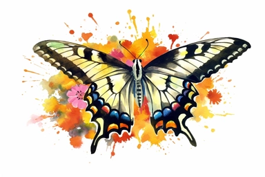 Watercolor, Design a digital watercolor painting of a Tiger Swallowtail butterfly feeding on nectar, clipart, hd, on a white background, spaced out