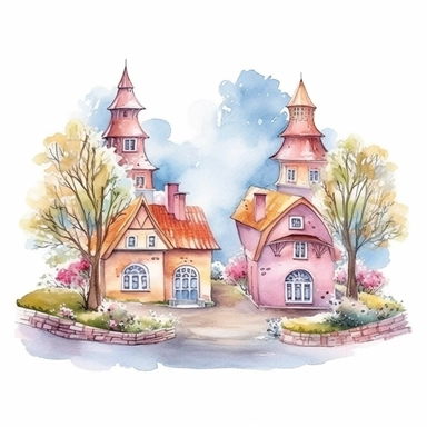 vector clipart, isolated on white background, beautiful lovely Watercolor Spring Villages, cute little houses and chestnut trees, ornated, pastel colors