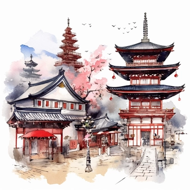 1 detailed travel clipart Japan in the style of Watercolor clip art, clipart, on a white background