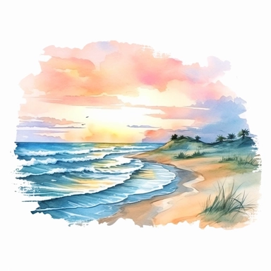 Clipart on white background Beach lanscape muted at Sunset water color