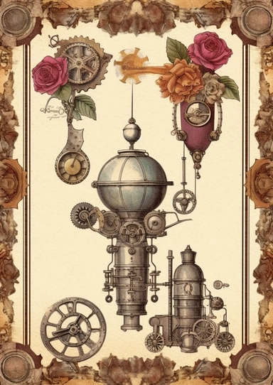 Blank ephemera paper page with ornate border illustrations vintage steampunk era elements, airbaloons, trains, gears and engines pencil sketch, greeting card design, old botanical books style drawing, vintage, distressed textures, muted colors, craft paper texture, handwriting lines in background, pen and ink on paper with watercolor washes Watercolor, vector, white background, rice paper texture, clipart, flat illustration, outlined, Vector, 4K, Art station, digital print, highly detailed clean