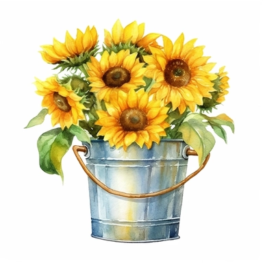 watercolor clipart illustration of a bucket with yellow sunflower, isolated on a white background, spaced out